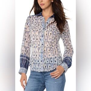 Liverpool Button Front Sheer Blouse In Grecian Tile Size Large